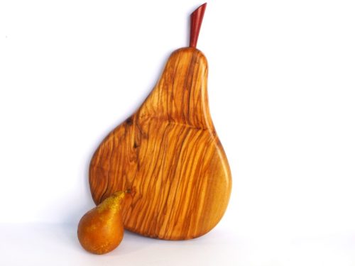 Handmade hand cut pear shaped chopping board Olivewood with stalk detail pink ivory wood