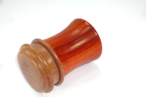 Handmade palm gavel duo of fiery Padauk and English Pear wood