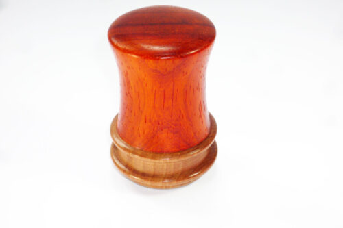 Handmade palm gavel duo of fiery Padauk and English Pear wood